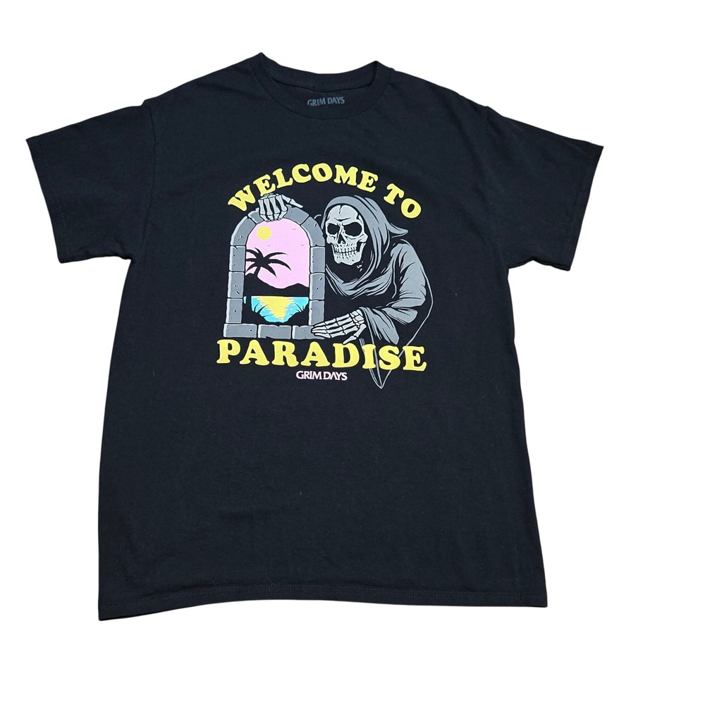 Grim Days Welcome to Paradise Reaper Skeleton Graphic T-Shirt Black Medium